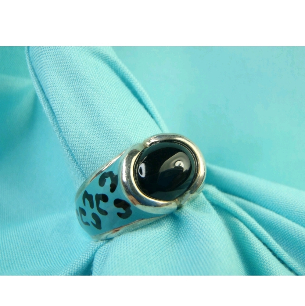 Sterling Silver Ring With Onyx & Leopard Painted Enamel Size 9